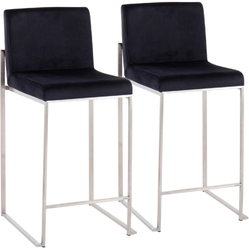 Fuji High Back 26" Counter Stool in Black Velvet & Stainless Steel (Set of 2)